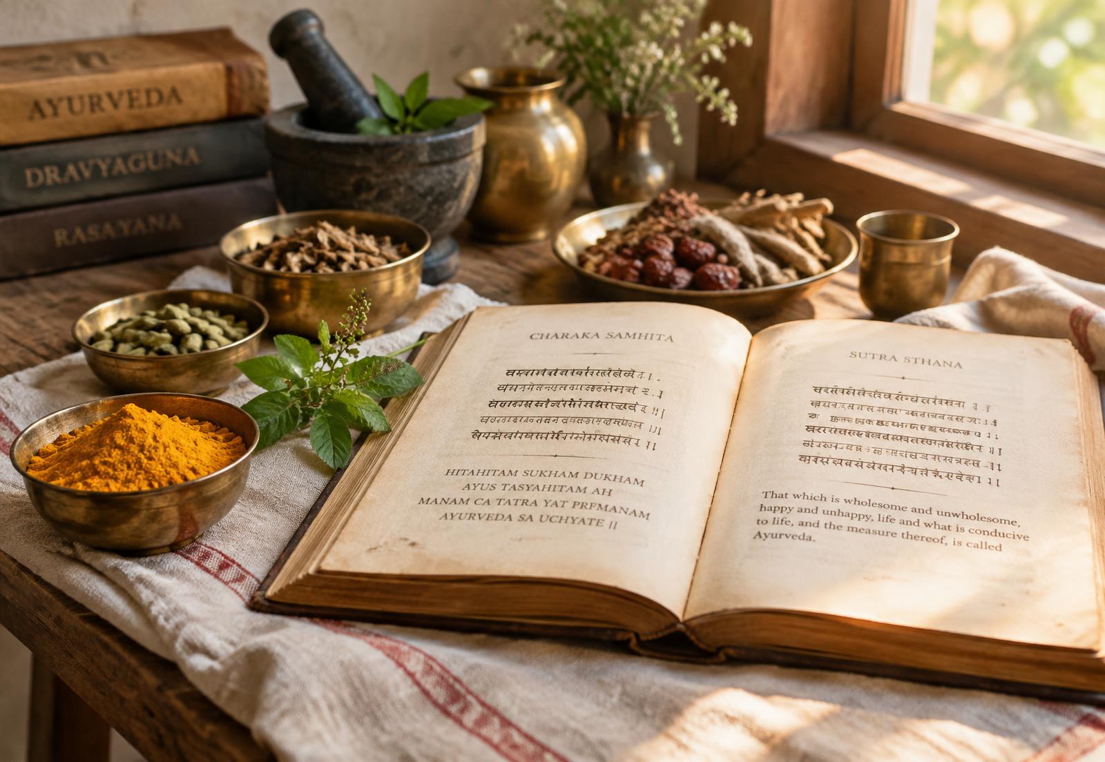 Classical Ayurvedic text with herbs and spices in brass bowls